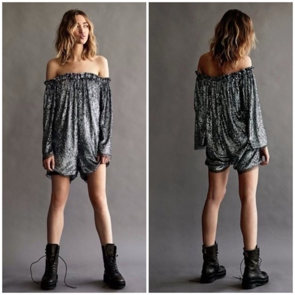 Free People Emilia Sequin Off Shoulder Romper in Gunmetal Silver NWT Small